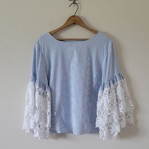 Chico's Black Label Blue Stripe Blouse White Crochet Lace Bell Sleeves Size XL